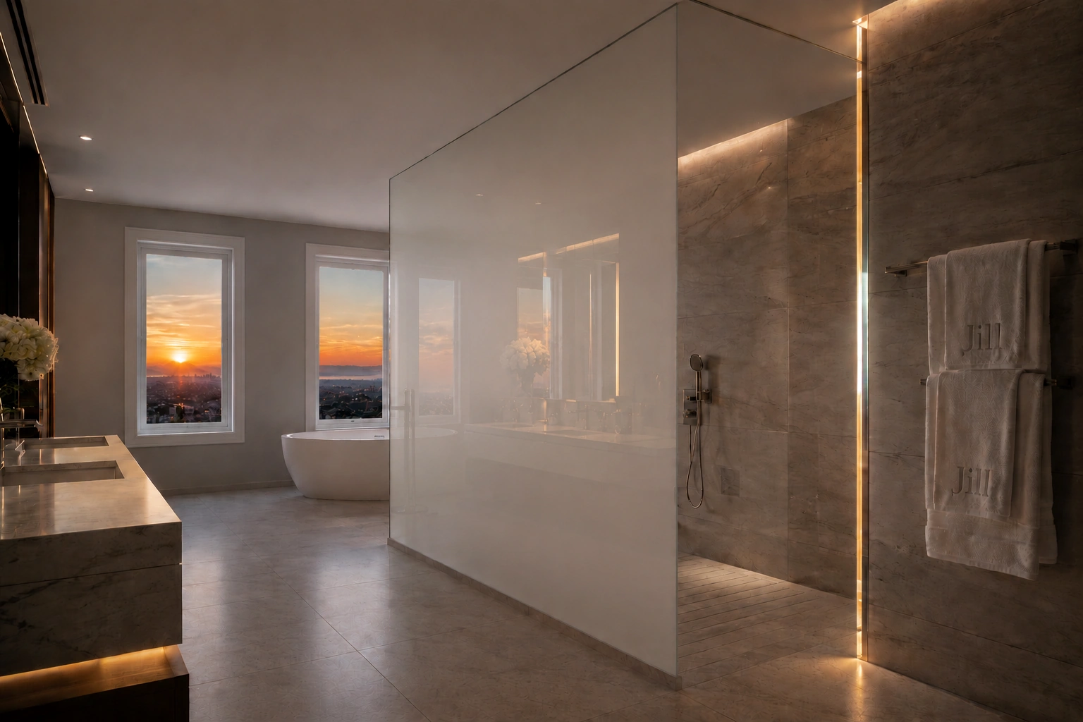 Luxury bathroom with switchable privacy glass for premium residential privacy applications