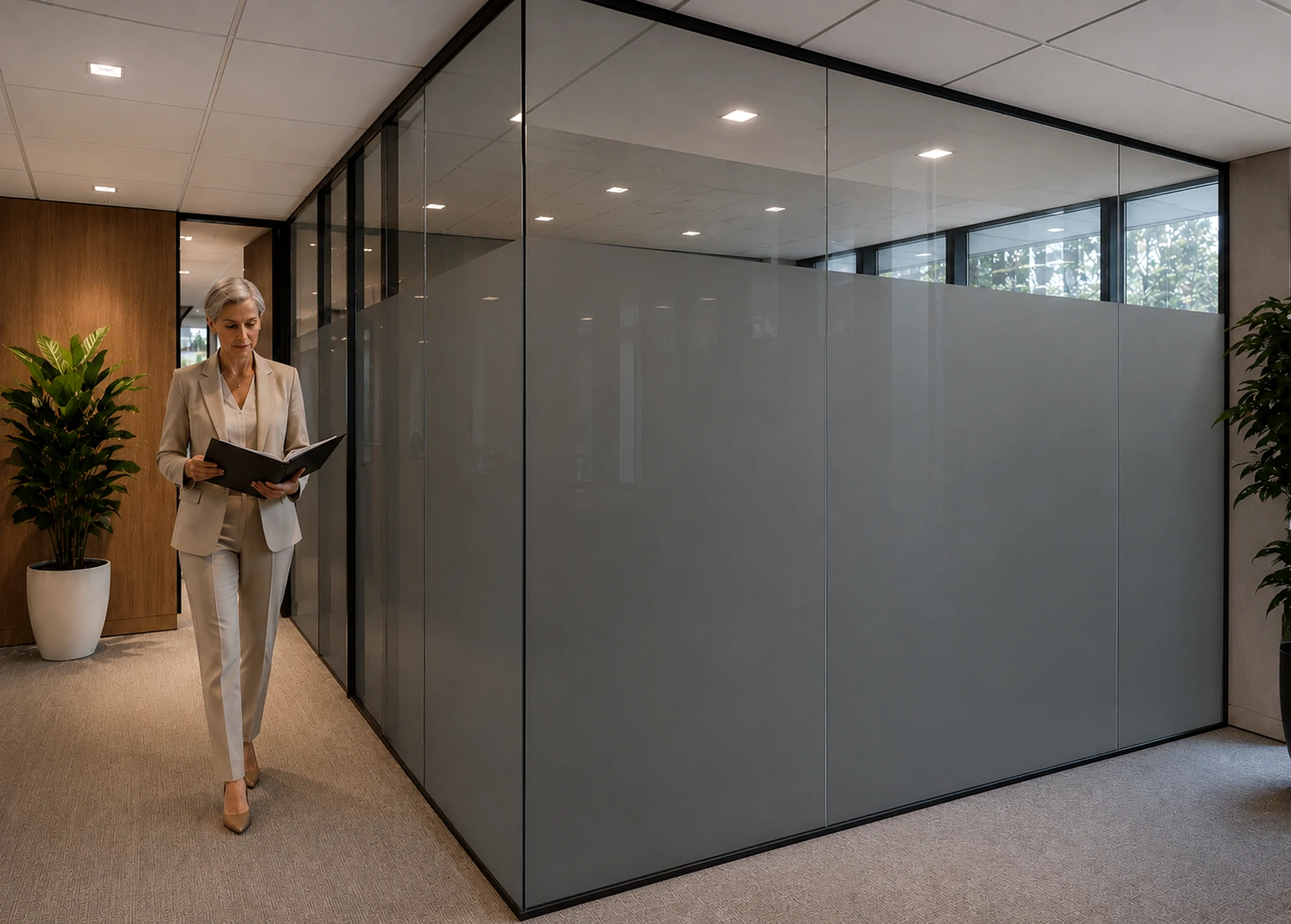 Modern office meeting room with switchable privacy glass in privacy mode for SmartGlass USA