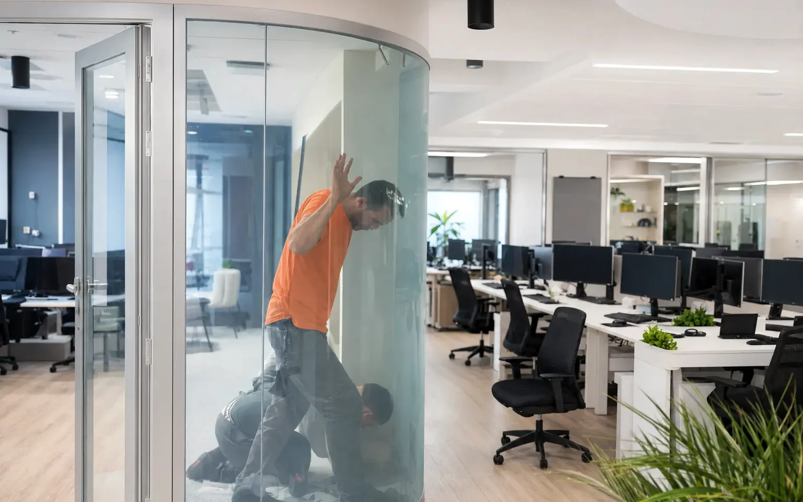 SmartGlass USA installation team applying smart film on commercial office glass for a dealer and installer support project